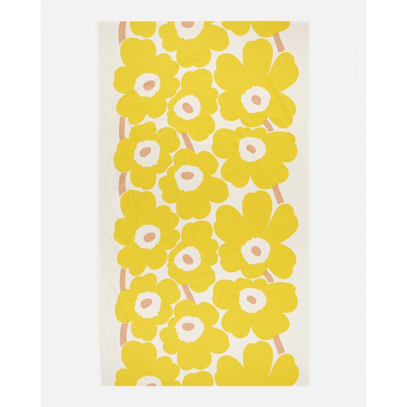 Nappe Unikko jaune de Marimekko en coton satiné, dimensions 140x250 cm
